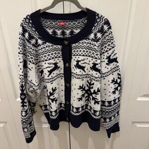 Dec 25th Knit Sweater Cardigan Women's XXL Black White Reindeer Snowflake